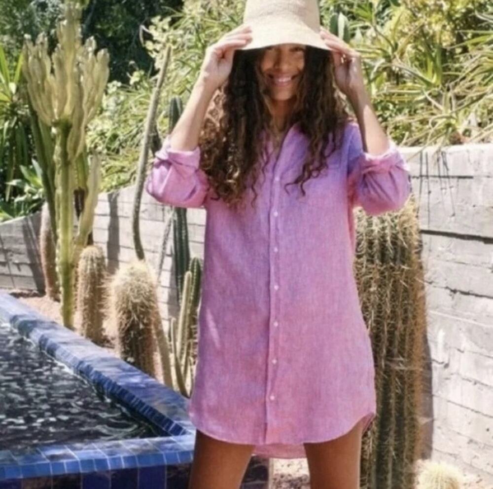 Frank & Eileen Linen Murphy Shirt Dress Coral XS Long Sleeve Button Down Coastal